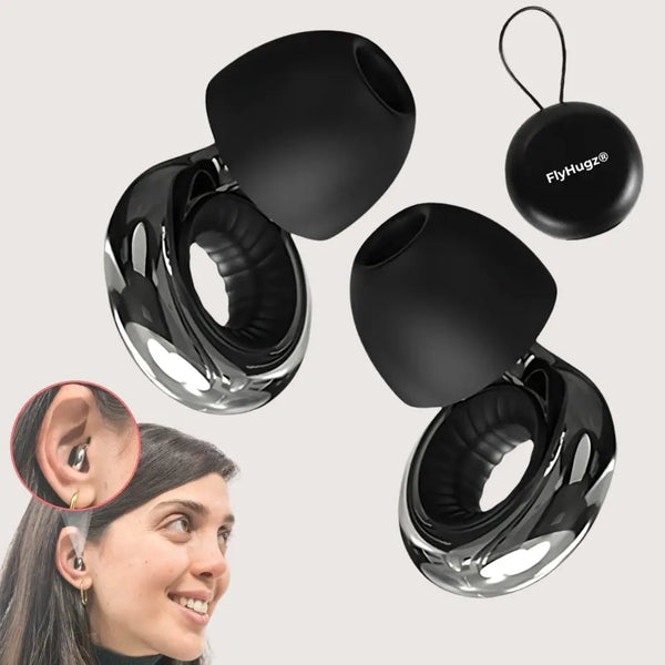 FlyHugz noise reducing travel earplugs in Premium Gray with case