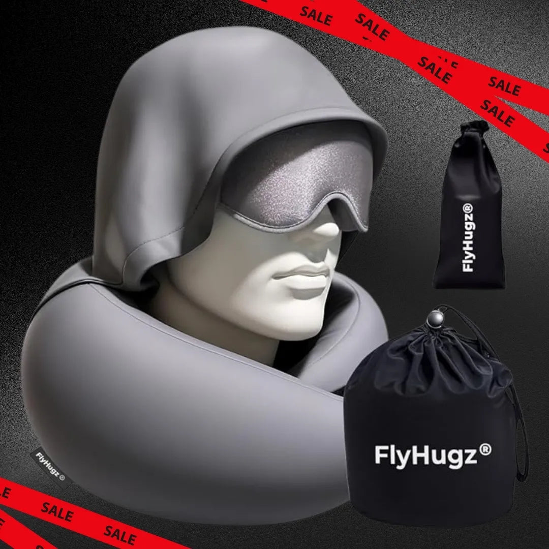 FlyHugz® NUEVO Paquete de Almohada con Capucha y Máscara