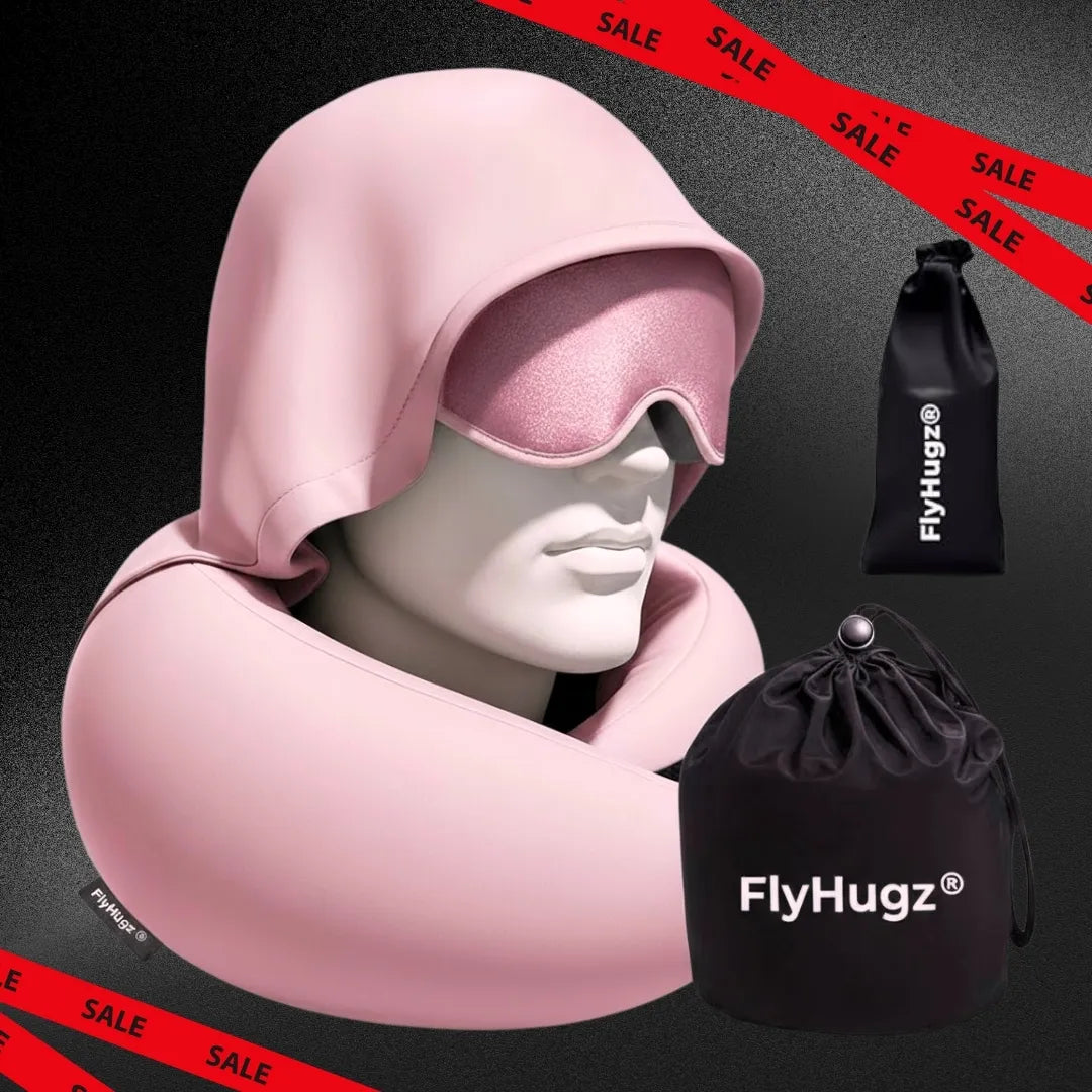 FlyHugz® NUEVO Paquete de Almohada con Capucha y Máscara